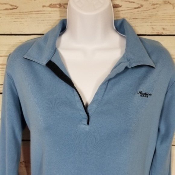 Nautica Jeans Womens Blue V-neck Collared Polo Shirt Long Sleeve Size M - Picture 2 of 5